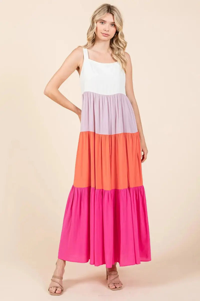 Mittoshop Color Block Tiered Pull-On Maxi Dress for Women - Love Salve